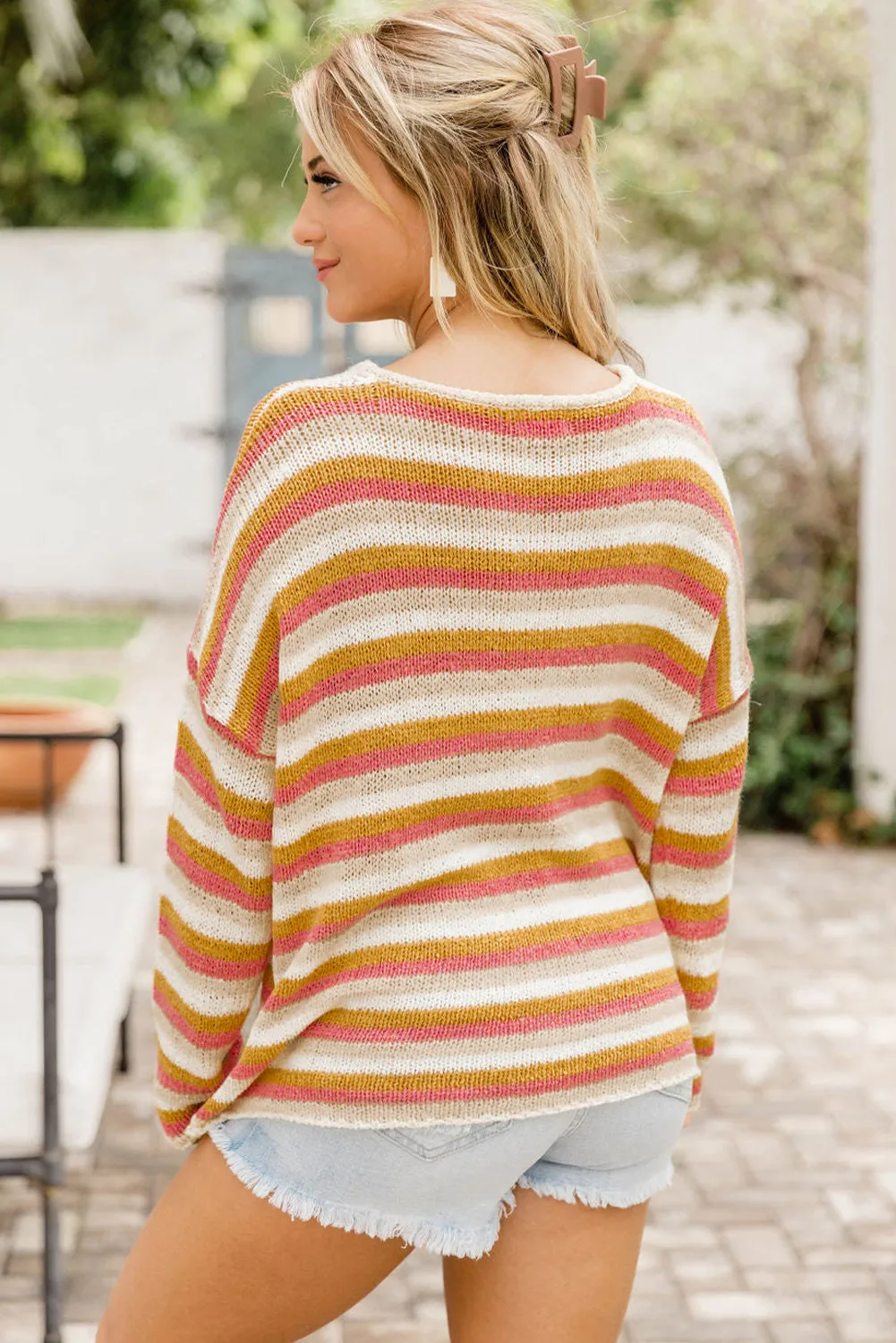 Women's Orange Stripes Long Sleeve Knitted Pullover