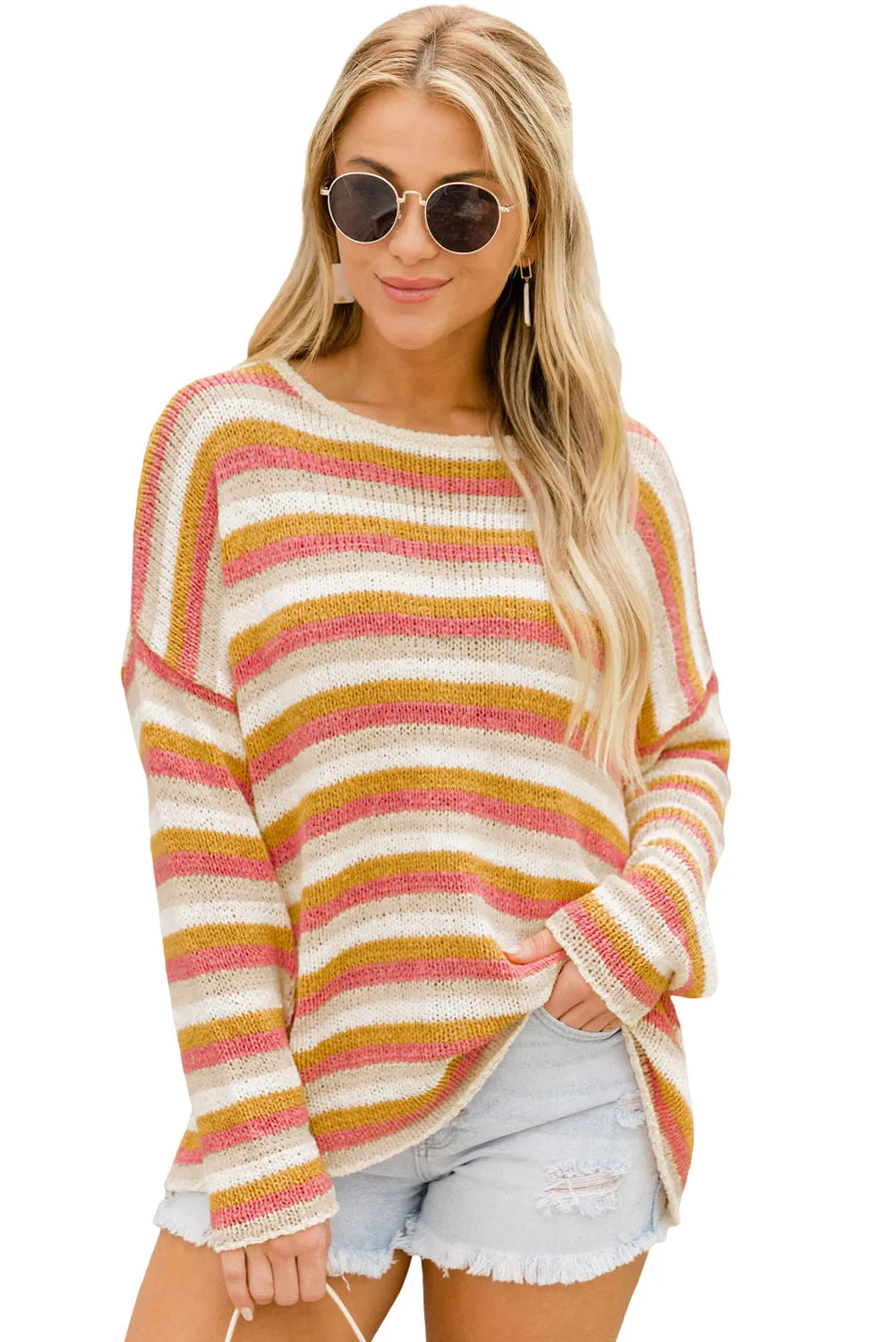 Women's Orange Stripes Long Sleeve Knitted Pullover