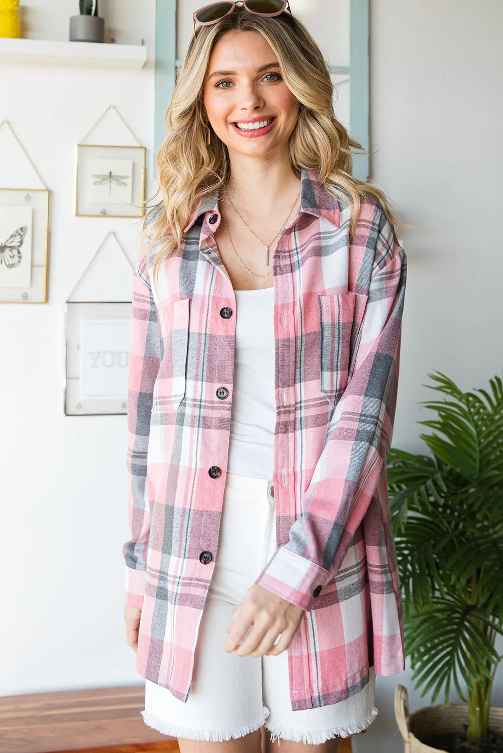 Womens Plaid Button Up Patch Pocket Shirt Oversized Tops Jacket