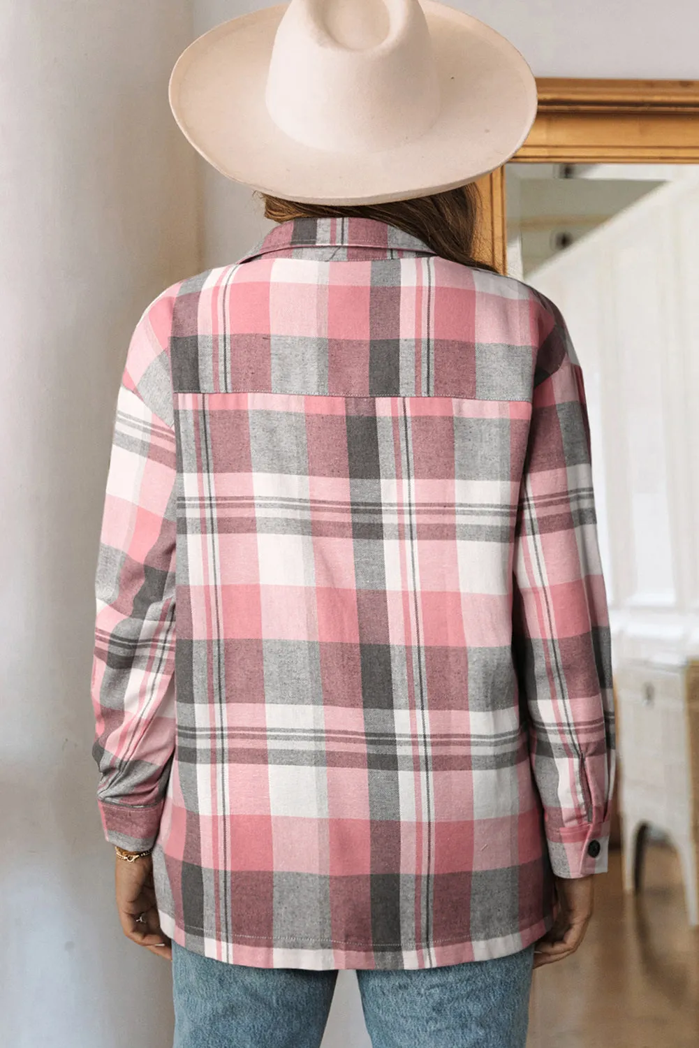 Womens Plaid Button Up Patch Pocket Shirt Oversized Tops Jacket