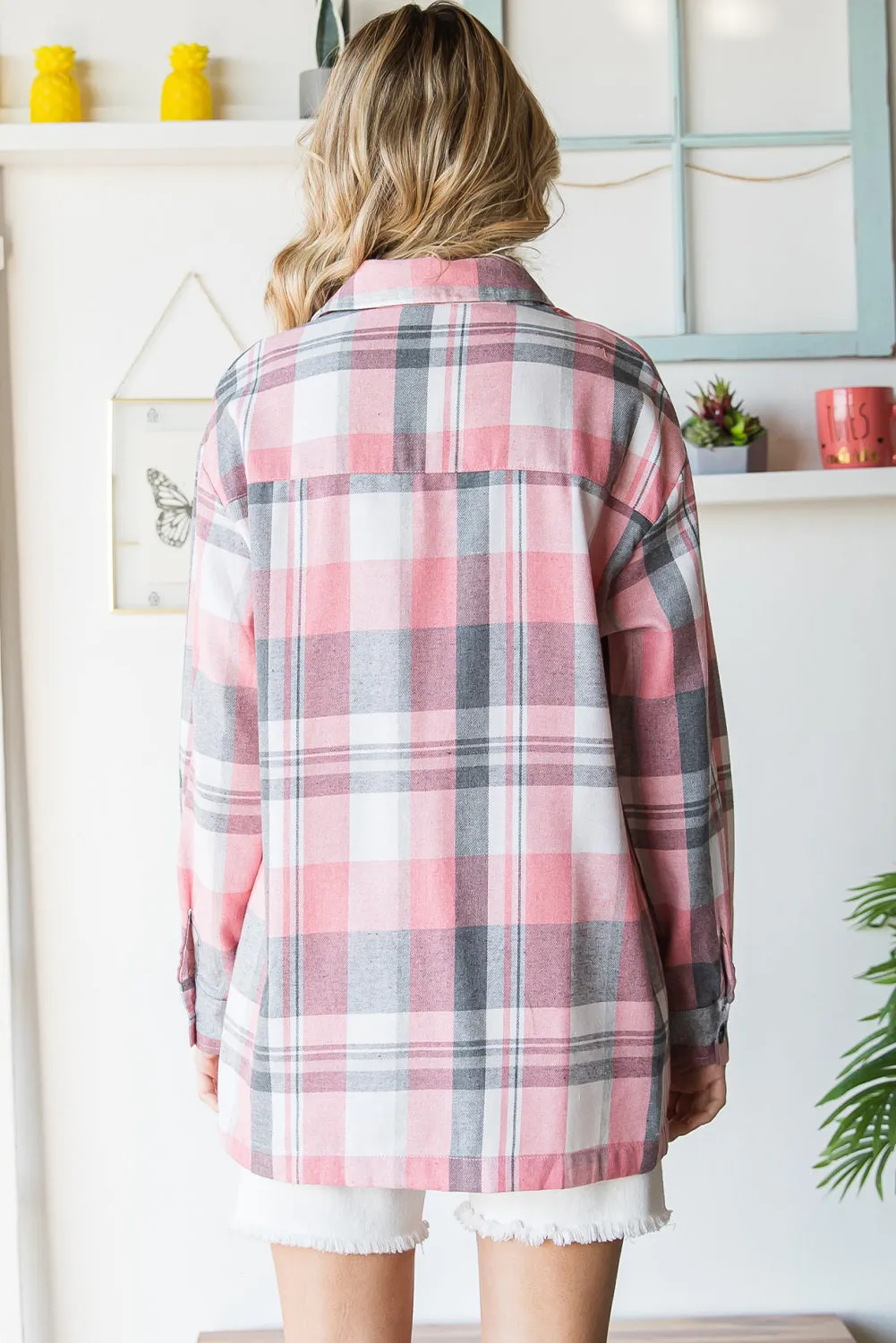 Womens Plaid Button Up Patch Pocket Shirt Oversized Tops Jacket