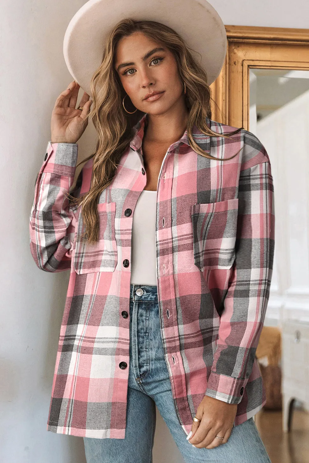 Womens Plaid Button Up Patch Pocket Shirt Oversized Tops Jacket