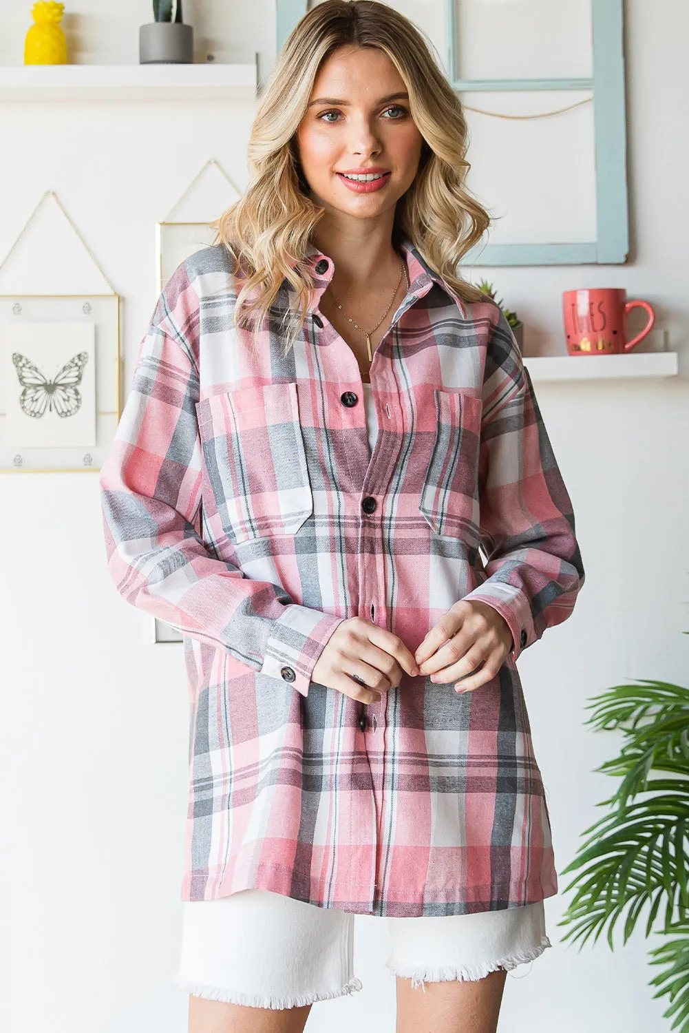 Womens Plaid Button Up Patch Pocket Shirt Oversized Tops Jacket