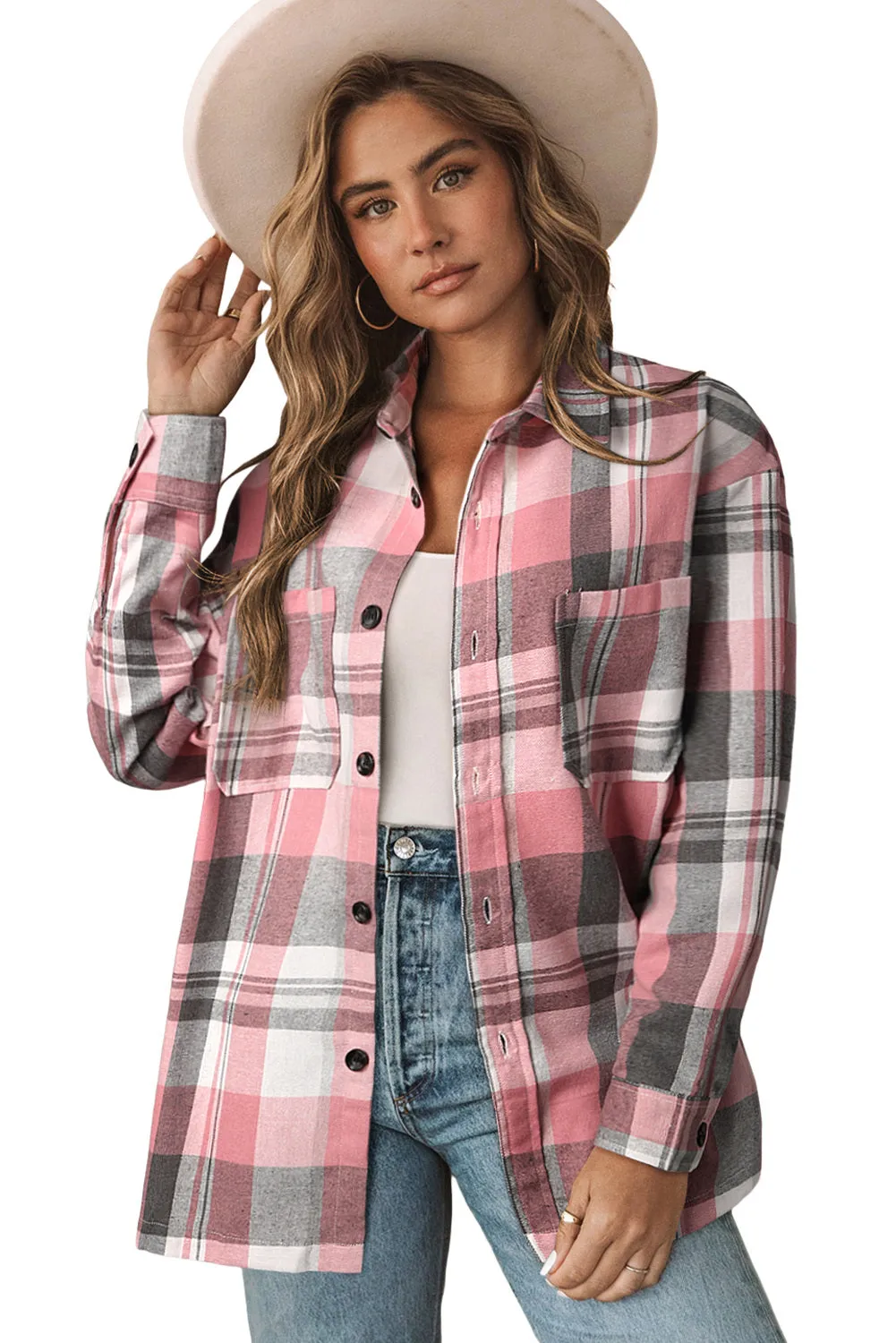 Womens Plaid Button Up Patch Pocket Shirt Oversized Tops Jacket