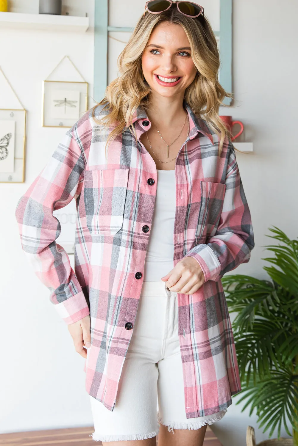 Womens Plaid Button Up Patch Pocket Shirt Oversized Tops Jacket