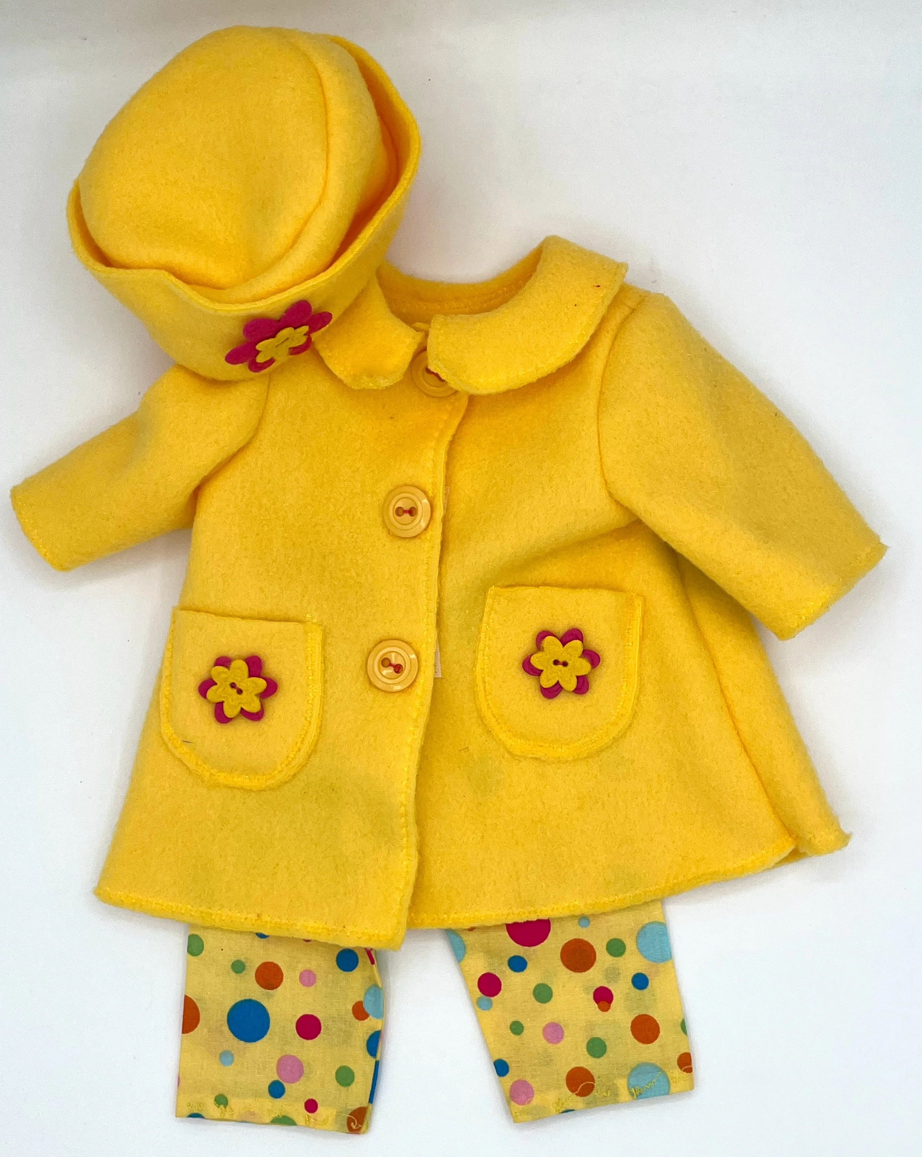 Yellow Fleece Coat, Hat, and Spotted Pants Set 18"