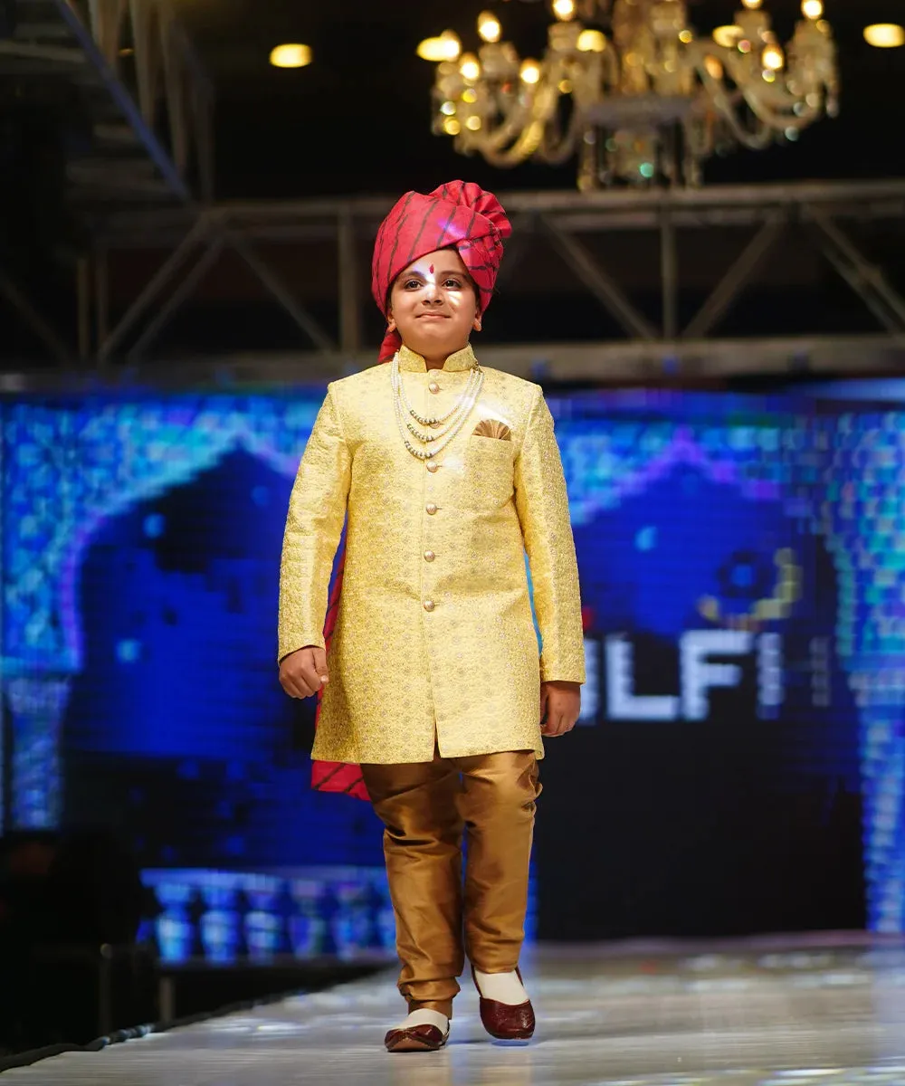 Yellow Jacquard Jodhpuri Suit Set for Wedding for Boys